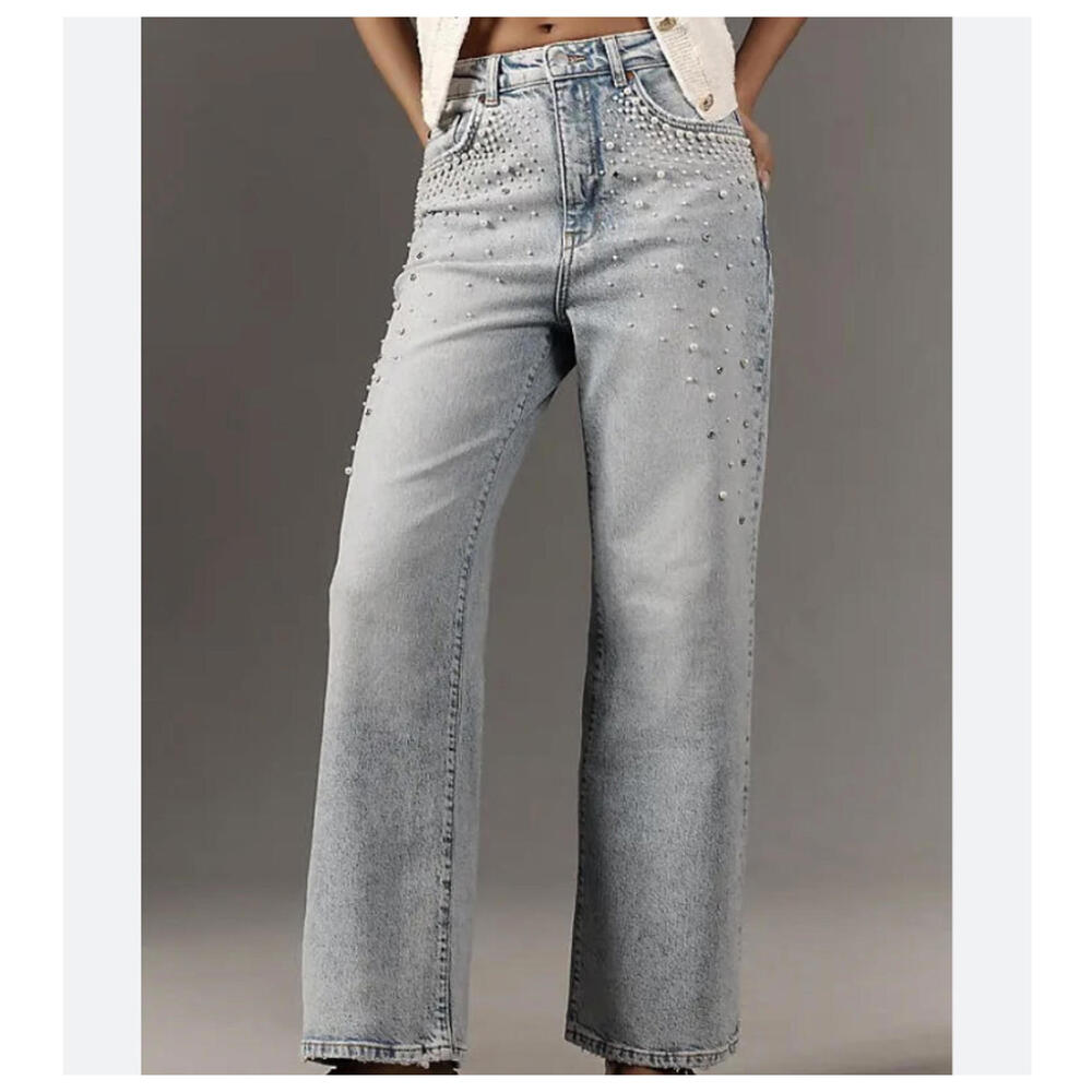 PILCRO the Austyn high-rise wide-leg jeans with pearl embellishments sz 32